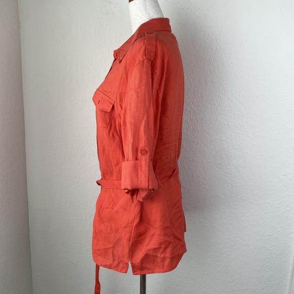 Chaus L Organic Linen Utility Shirt Belted Orange Boyfriend Coastal Lagenlook - Picture 2 of 5